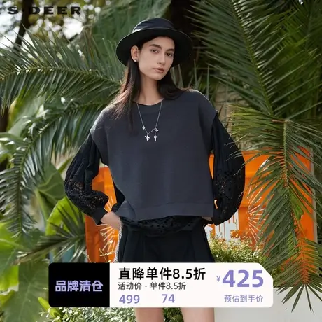 sdeer圣迪奥女装秋文艺风圆领镂空宽松两件套针织衫S24163501图片
