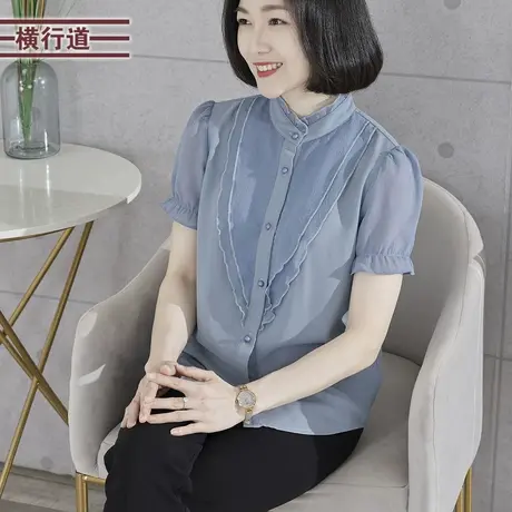 2025夏季新款简约纯色立领宽松开衫短袖雪纺衫女装大码外穿上衣服图片