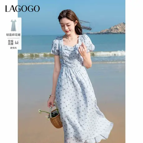 LAGOGO法式方领蝴蝶结印花连衣裙女拉谷谷2025夏季新款泡泡袖裙子图片