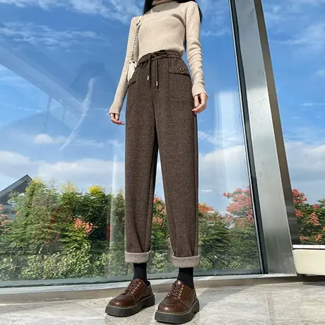 羊绒毛呢直筒裤女冬季加厚高腰显瘦直筒九分小个子百搭遮胯哈伦裤图片