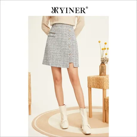 YINER音儿专柜女装2022冬季新款法式小香风粗花呢A字半身裙图片