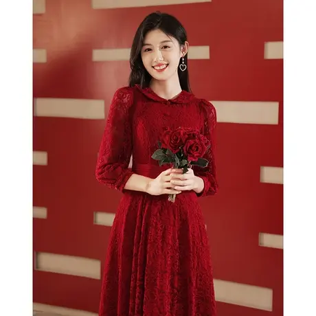 长袖敬酒服新娘冬季结婚订婚礼服连衣裙回门便装小个子蕾丝娃娃领图片