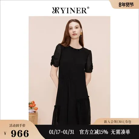 YINER音儿专选女装夏季法式优雅收褶钉珠领小黑裙连衣裙图片