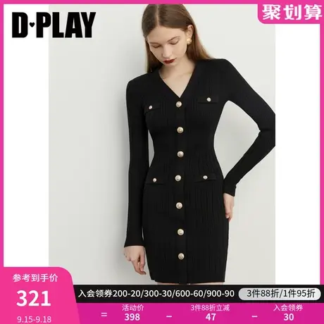 DPLAY【黑标】秋装新气质V领浮雕金属扣黑色修身针织连衣裙图片