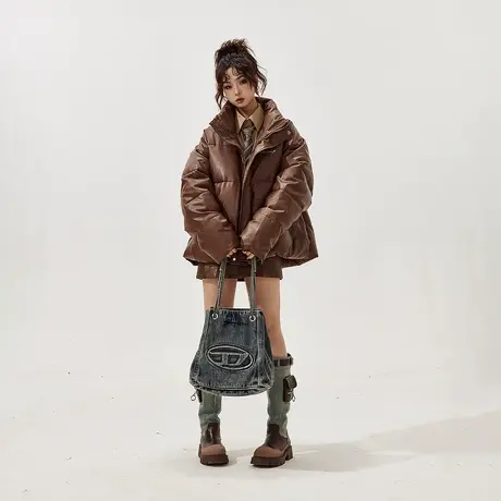 美式复古PU皮棉服女加厚冬季外套2023新款街头潮牌宽松面包服棉衣图片