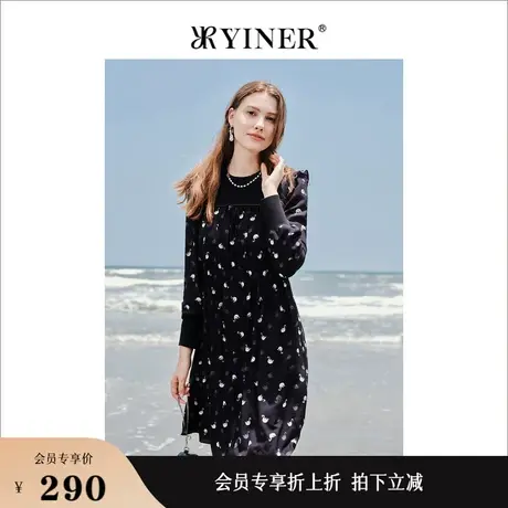 *Goodland美地女装秋季欧收腰压褶钉钻小天鹅连衣裙图片