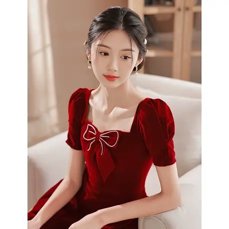 订婚连衣裙敬酒服小个子新娘夏季款甜美蝴蝶结红色小礼服平时可穿图片