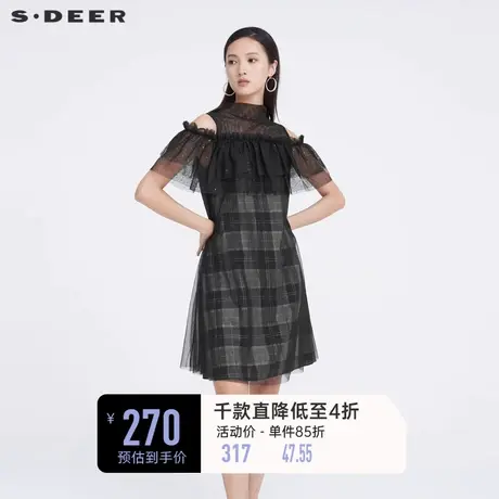 sdeer圣迪奥女装裙子夏季一字领网纱减龄格纹露肩连衣裙S222Z12E7图片