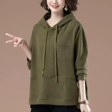连帽卫衣女春秋新款加肥加大码女装宽松中长款遮肚子百搭显瘦上衣图片