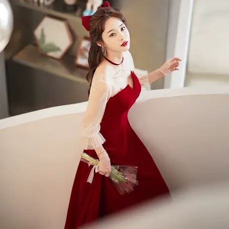 敬酒服新娘2024新款夏季结婚订婚回门酒红色礼服丝绒仙气长袖高级图片