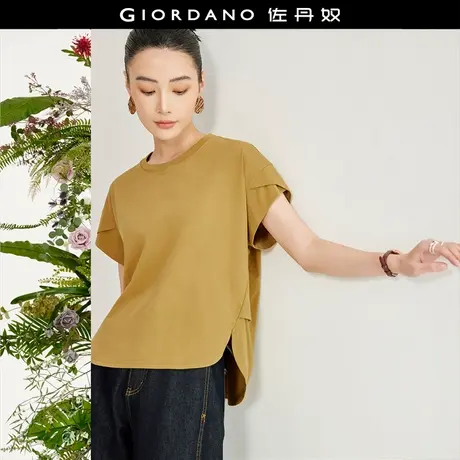 佐丹奴T恤女装收褶前短后长针织宽松圆领短袖T恤 18324205图片