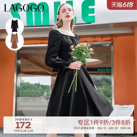 LAGOGO黑色长袖连衣裙女拉谷谷春秋季新款法式一字肩赫本风中长裙图片