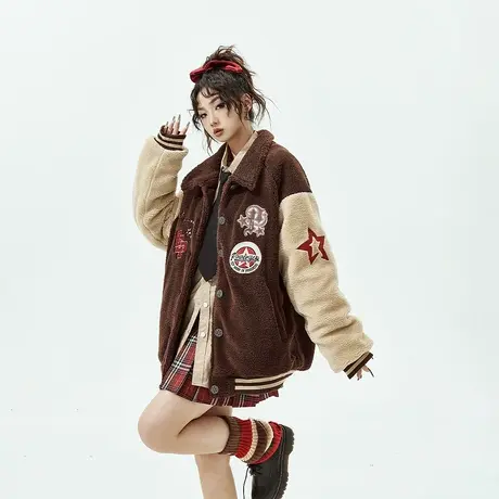 YEP美式拼接棒球服棉服女冬季加厚羊羔毛外套新款复古贴标棉衣图片