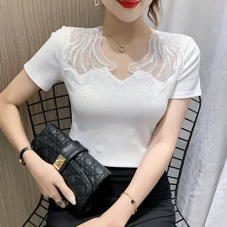 时尚V领烫钻T恤女短袖修身百搭小衫性感蕾丝拼接上衣重工烫钻体恤图片