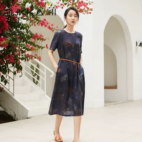 蒲PUKKA商场同款女装亚麻连衣裙新款复古印花宽松短袖裙子图片