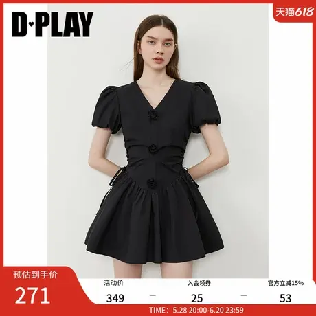 DPLAY2025年夏季新款黑色连衣裙女独特短款小黑裙泡泡袖裙子短裙图片