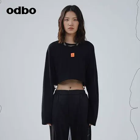odbo/欧迪比欧时尚设计感小众抽褶黑色长袖T恤女春季新款短款卫衣图片