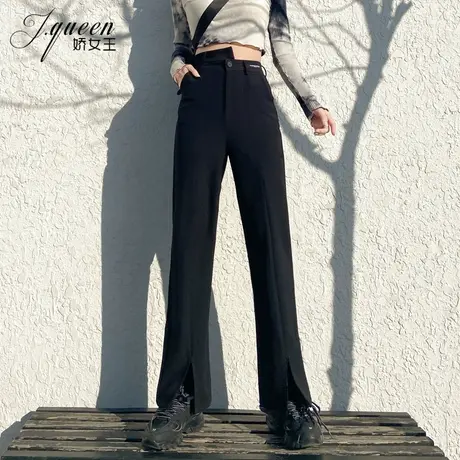 黑色阔腿裤女夏季新款百搭高腰垂坠感西装裤宽松显瘦开叉微喇裤子图片