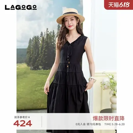 LAGOGO黑色无袖背心连衣裙女拉谷谷2025年夏新款通勤优雅中长裙图片