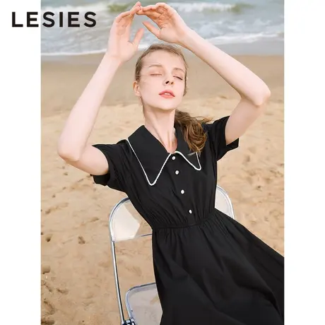 LESIES蓝色倾情夏装新款女装花边翻领收腰短袖连衣裙气质淑女裙图片