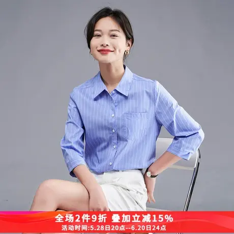 蓝色条纹衬衫女2025夏季新款休闲叠穿小个子外套通勤宽松短袖衬衣图片