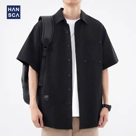 hansca工装短袖衬衫男潮牌夏季薄款宽松休闲百搭痞帅翻领衬衣外套图片