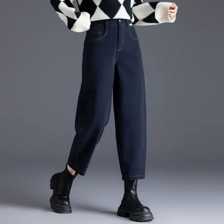 藏青色毛呢裤女秋冬季加厚欧货2023新款裤子镰刀香蕉裤九分小个子图片