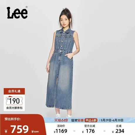 Lee商场同款25春夏新品翻领中蓝色女无袖牛仔连衣裙LWB0101835PN图片