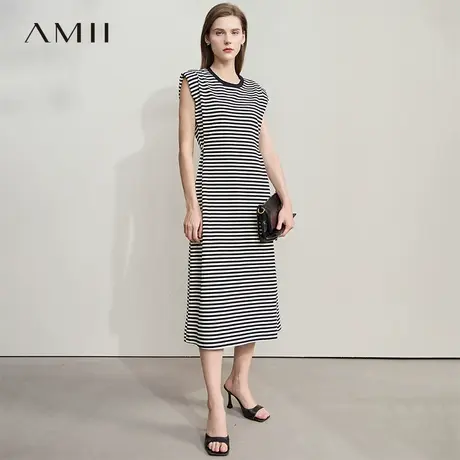 AMII【韩版休闲】韩版休闲简约大气无袖连衣裙收腰长款连衣裙图片