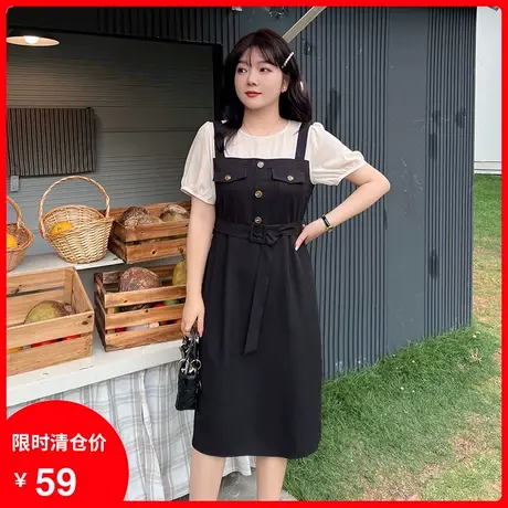 【清仓】新款大码女装收腰显瘦胖MM短袖连衣裙吊带长裙拼接假两件图片