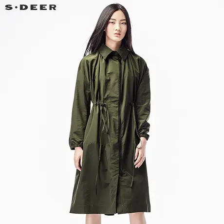 sdeer圣迪奥2018秋装翻领纯色收腰宽松军绿长款风衣外套S17361857图片