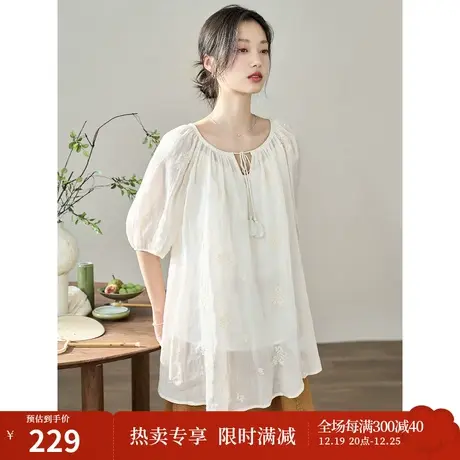 【商场同款】茵曼全麻衬衫2023夏季女装新款流苏系带圆领绣花上衣图片