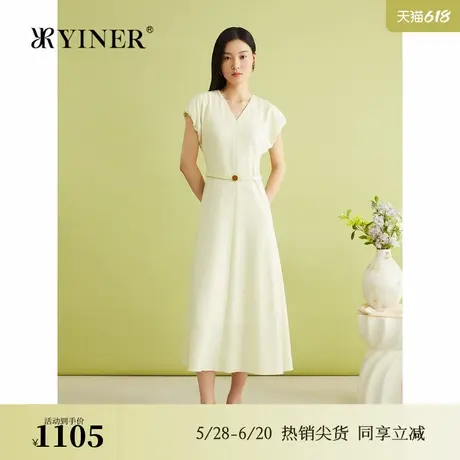 【醋酸系列】YINER音儿夏季法式优雅V领花苞袖悬垂连衣裙图片