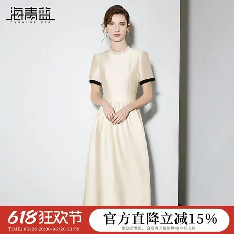 海青蓝 珍珠圆领短袖连衣裙女2025年新款夏季高级气质女装裙子图片