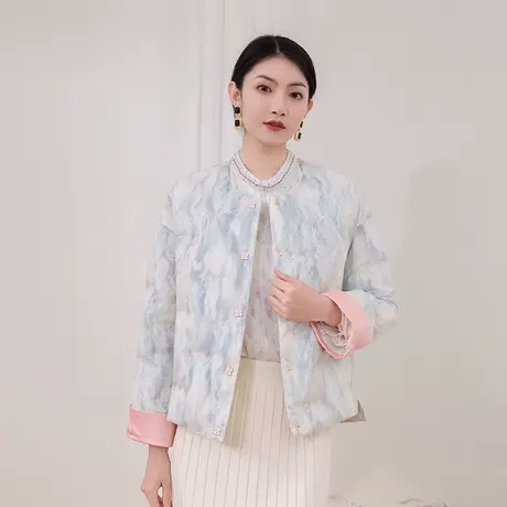 希区瑞普新款粉彩晕染短水波压褶新中式羽绒服外套女保暖上衣图片
