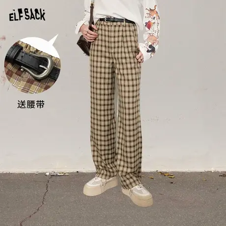 妖精的口袋【送腰带】棋盘格直筒休闲裤女2024春秋新款学院风长裤图片