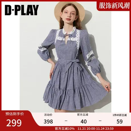 清仓DPLAY法式复古蓝白格纹蕾丝镂空拼接系带蝴蝶结度假连衣裙图片