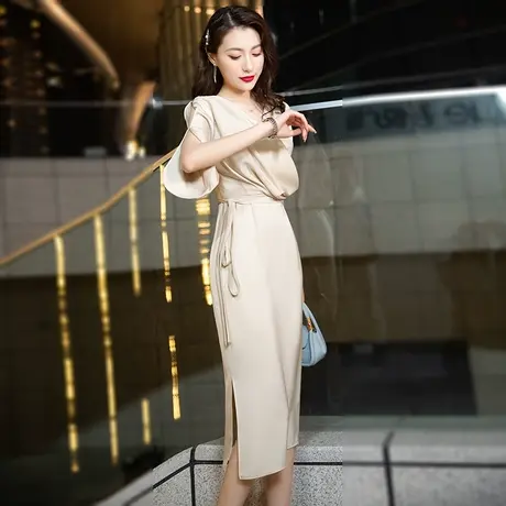 宴会晚礼服女名媛香槟色轻奢小众高端气质法式平时可穿洋装连衣裙图片