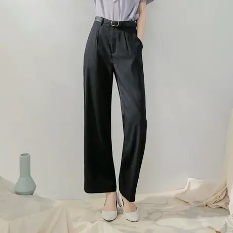 桔熊夏季简约通勤纯色高腰修身压褶舒适宽松长裤子女大码BA5729图片