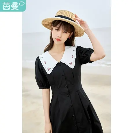 茵曼2023年夏季新款黑色法式初恋小黑裙赫本风vintage复古连衣裙图片