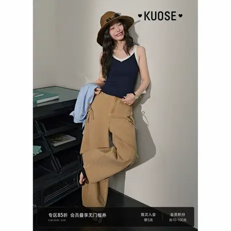阔色黄色蝴蝶结弯刀牛仔裤女2025夏季新款垂感宽松直筒工装裤长裤图片