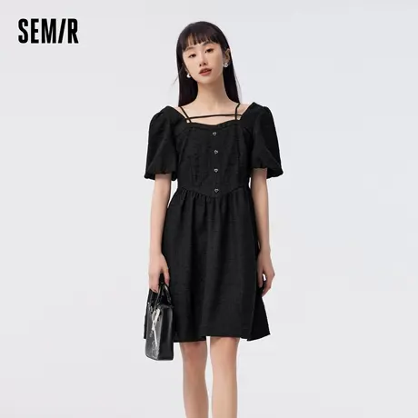 森马连衣裙女肌理泡泡袖白色裙子夏季时尚爱心小个子温柔方领短裙图片