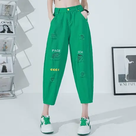 七分绿色破洞牛仔裤女夏季薄款灯笼裤女裤夏八分哈伦裤九分萝卜裤图片