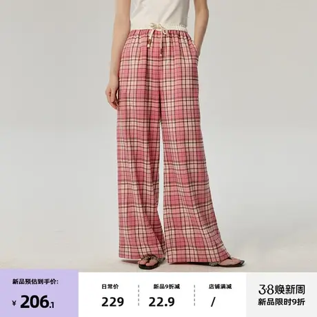 omont蛋挞家 复古撞色格纹裤子春季新款松紧腰直筒阔腿休闲裤图片