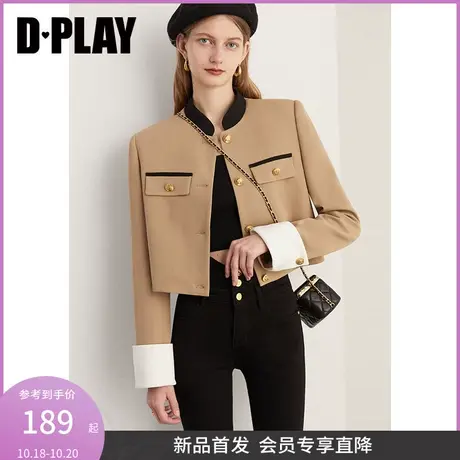 DPLAY2023冬通勤英伦宫廷风卡其拼黑撞色翻袖拼接立领西装外套图片