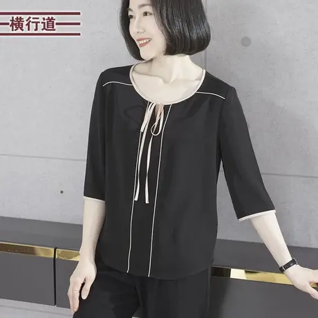 2025春季新款简约休闲圆领拼色绑带蝴蝶结中袖雪纺衫女上衣服大码图片