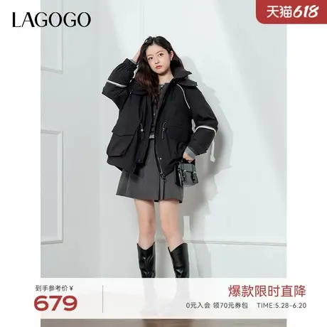 LAGOGO收腰羽绒服女拉谷谷2024年冬季新款黑色连帽立领宽松外套图片