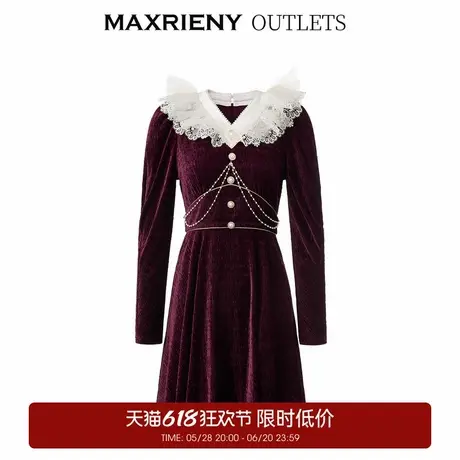 【奥莱】MAXRIENY法式丝绒连衣裙女春季复古v领娃娃领裙子图片