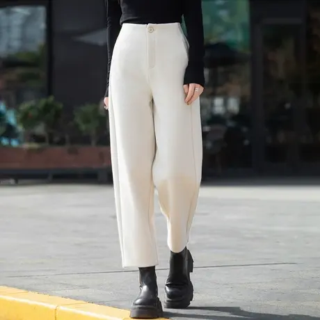 米白色裤子女秋冬天加厚靴裤小个子萝卜裤香蕉裤毛呢裤九分休闲裤图片