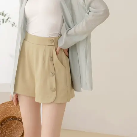 桔熊夏季休闲高腰后松紧设计感单排扣短裤子女胖妹妹大码BA7198图片